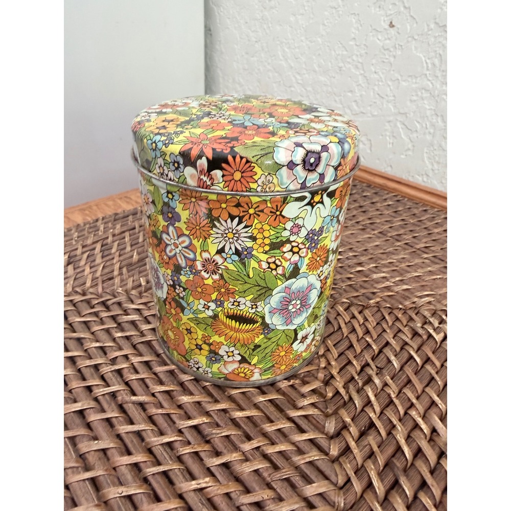 Vintage 70s Floral Metal Tin Canister Retro Daisy Sunflower Storage Container